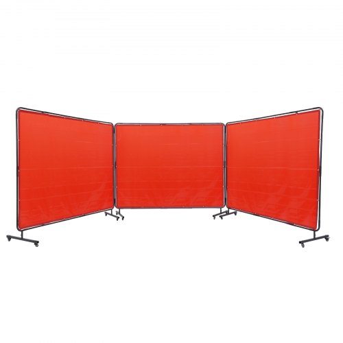 Red flame-resistant vinyl welding screen with three panels and twelve swivel wheels for mobility.