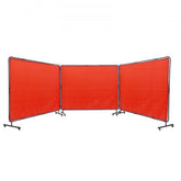 Red flame-resistant vinyl welding screen with three panels and twelve swivel wheels for mobility.