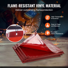 Red flame-resistant vinyl welding screen with three panels and swivel wheels for mobility.