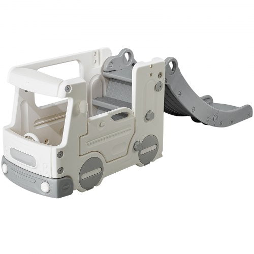 White and gray Bostome toddler bus playhouse with slide and ladders for indoor outdoor use.