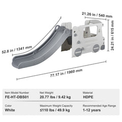 White toddler slide with bus-shaped playhouse, ladders, and measurements for indoor/outdoor use.