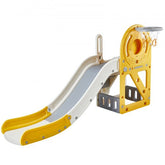 Yellow and white toddler slide with ladders, hoop, and handrail.