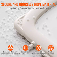 White HDPE toddler slide with ladder, hoop, handrail, and icons for breakage resistance, hygiene, and weather resistance.