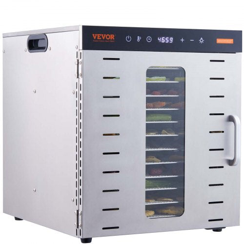 Bostome 1000W food dehydrator with 10 stainless steel trays and digital timer controls.