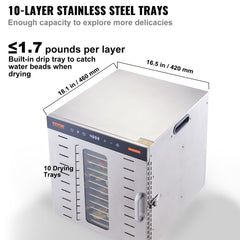 Bostome 1000W food dehydrator with 10 stainless steel trays and digital timer for drying foods.
