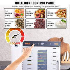 Bostome 1000W food dehydrator with 10 stainless steel trays and digital timer for drying foods.
