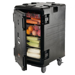 Black insulated food pan carrier with front loading design and ergonomic handles.