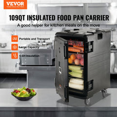 Black insulated food pan carrier with front-loading design and ergonomic handles.