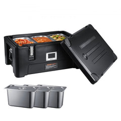Black 36Qt insulated food pan carrier with three stainless steel pans and ergonomic handles.