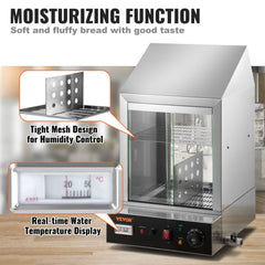 Stainless steel 2-tier commercial hot dog steamer with bun warmer, humidity control, and temperature display.