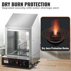 Stainless steel 2-tier hot dog steamer with bun warmer, power controls, and dry burn protection icons.