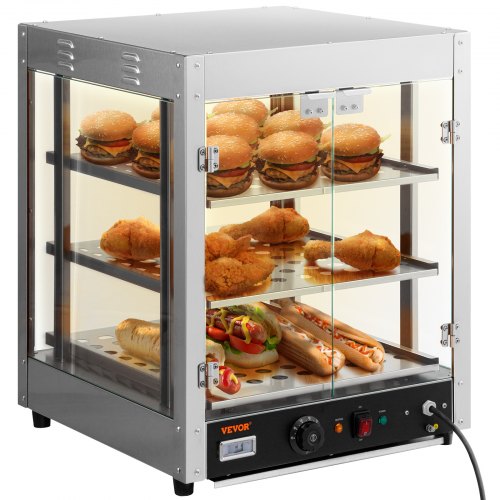 Three-tier stainless steel countertop warmer cabinet displaying burgers, chicken, and sandwiches on adjustable shelves.
