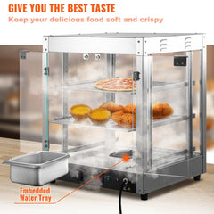 3-tier stainless steel countertop pizza warmer cabinet with shelves holding pizza and pastries, water tray, and steam.