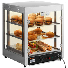 Stainless steel 3-tier pizza warmer cabinet with glass doors and adjustable shelves holding food items.