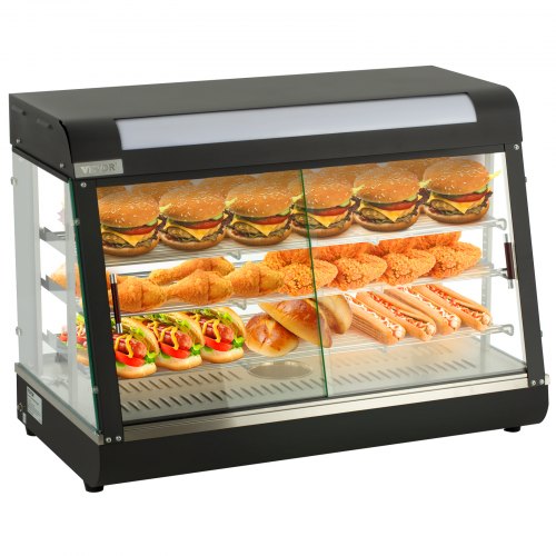 Stainless steel 3-tier pizza warmer with glass doors displaying burgers, fried chicken, and hot dogs.