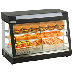 Stainless steel 3-tier pizza warmer with glass doors displaying burgers, fried chicken, and hot dogs.