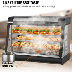 Stainless steel 3-tier pizza warmer with glass doors and adjustable shelves displaying hot food.