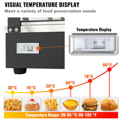 Stainless steel 3-tier commercial pizza warmer with temperature display showing 30-85°C range.