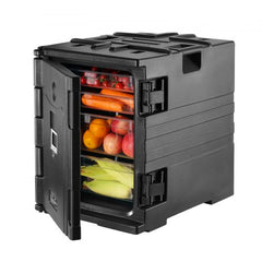Black insulated front-loading food pan carrier with vegetables inside and wheels.