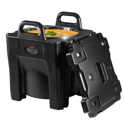Black 32Qt insulated food carrier with stainless steel interior and stackable design.