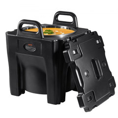 Black 32Qt insulated food carrier with stainless steel interior and stackable design.