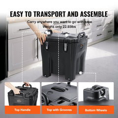 Black 32Qt insulated food carrier with stainless steel interior and stackable design.