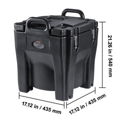 Black 32Qt insulated food carrier with stainless steel interior and stackable design.