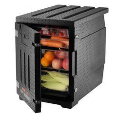 Black Bostome 82 Qt insulated food pan carrier with front-loading door open, showing stacked pans of fruits and vegetables inside.