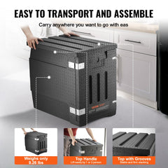 Black insulated food pan carrier with front loading, top handle, and grooved stacking lid.