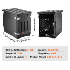 Black Bostome 82 Qt front-loading insulated food pan carrier with dimensions and 11-layer capacity.