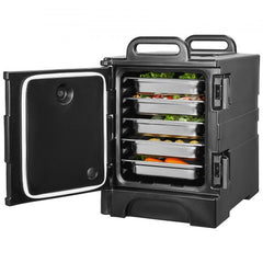 Bostome 81QT insulated food pan carrier with wheels, handles, and thick insulation for temperature retention.