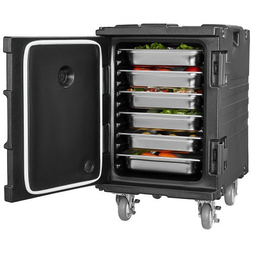 Black 90L stackable insulated food pan carrier with open door showing six pans of vegetables and wheels.