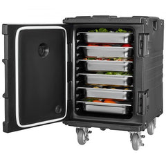 Black 90L stackable insulated food pan carrier with open door showing six pans of vegetables and wheels.