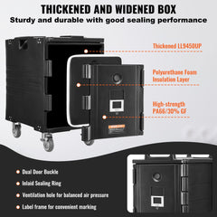 Black 90L stackable insulated food pan carrier with wheels, front-loading door, and ventilation holes.