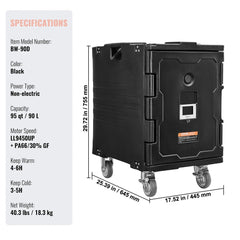 Black 90L stackable insulated food pan carrier with wheels and dimensions.