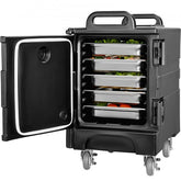 Black insulated food pan carrier on wheels with its door open, revealing five metal food pans.