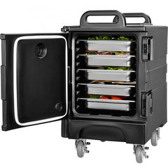 Black insulated food pan carrier on wheels with its door open, revealing five metal food pans.