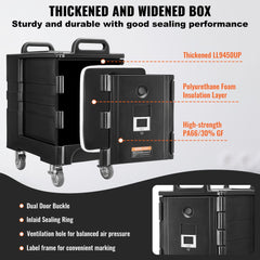 A black insulated food pan carrier with wheels, showing its layered construction and features.