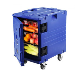 Blue Bostome 82 Qt insulated food pan carrier with front loading design and four caster wheels.