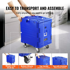 Blue Bostome 82 Qt insulated food pan carrier with front-loading design and caster wheels.