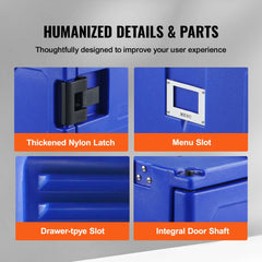Blue Bostome 82 Qt insulated food pan carrier with front loading door and caster wheels.