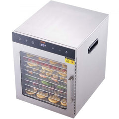 Stainless steel electric food dehydrator with 10 trays, digital controls, and drying fruits and vegetables.