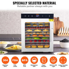 Electric food dehydrator with 10 stainless steel trays loaded with sliced fruits and vegetables, digital controls, and viewing window.