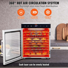 Bostome 800W electric food dehydrator with 10 stainless steel trays, open door showing fruits and vegetables inside.