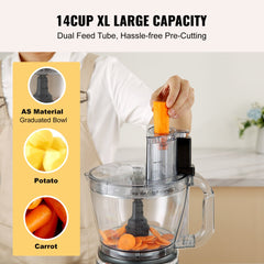 Black 14-cup food processor with stainless steel blades and a wide feed chute for easy food prep.