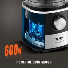 Black 14-cup food processor with stainless steel blades and wide feed chute for easy meal prep.