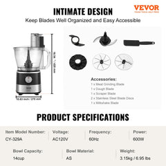 Black Bostome 14-cup food processor with stainless steel blades and a wide feed chute.