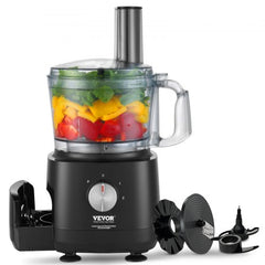 Black Bostome 9-cup food processor with chopper, slicer, shredder blades, and colorful vegetables inside the bowl.