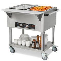 Bostome 2-pan electric steam table with stainless steel heating tubes and large pans for food warming.