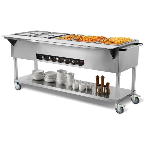 Stainless steel 5-pan electric steam table food warmer on wheels with controls and shelf.